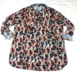 UNBRANDED BROWN ANIMAL PRINT SHEER BUTTON DOWN SHIRT SIZE XL